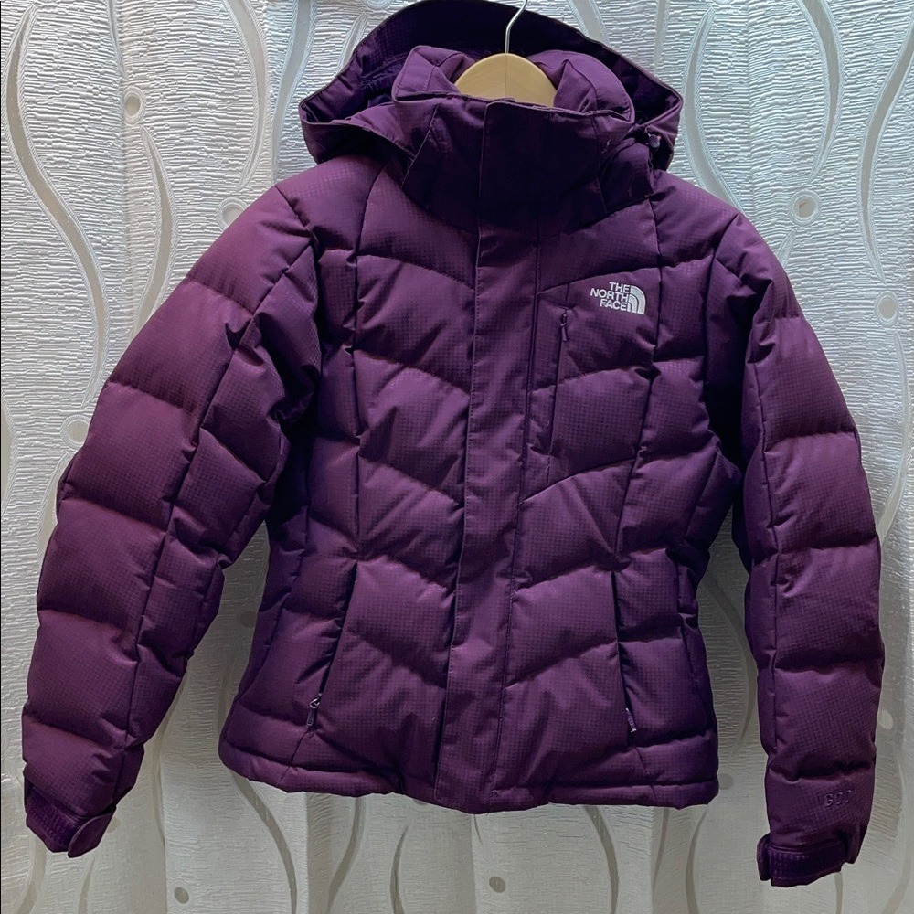 The North Face Down Puffer‎ Jacket Women XS Purple Excellent Hooded Winter Coat